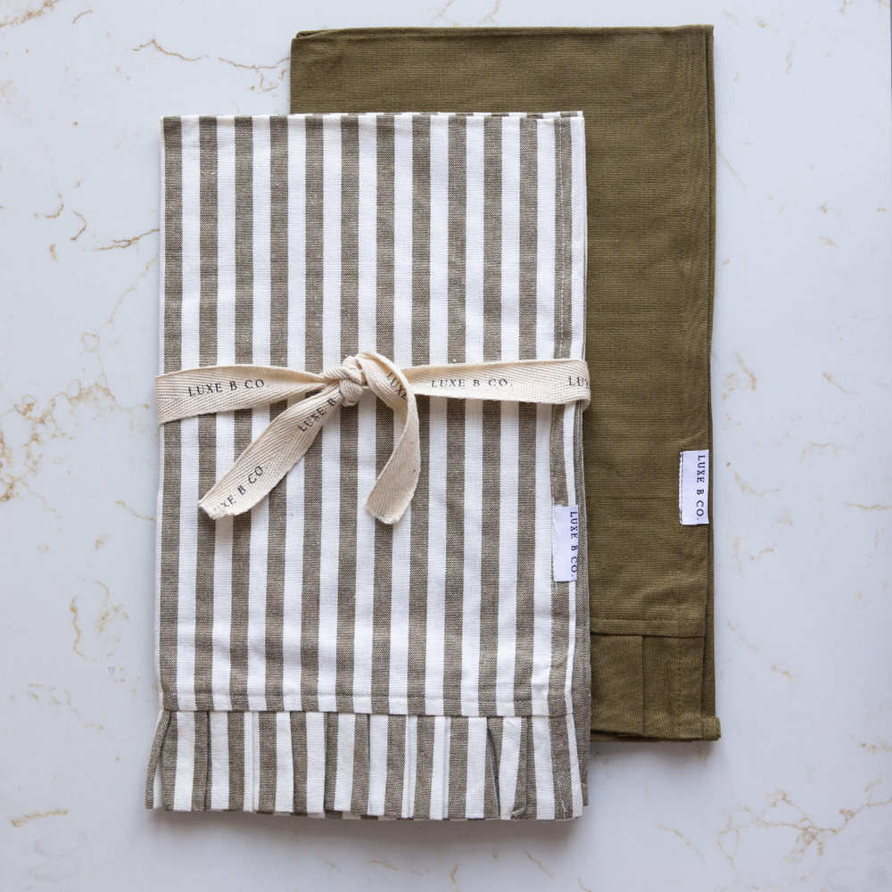 Olive Green & White Striped Dish Towels