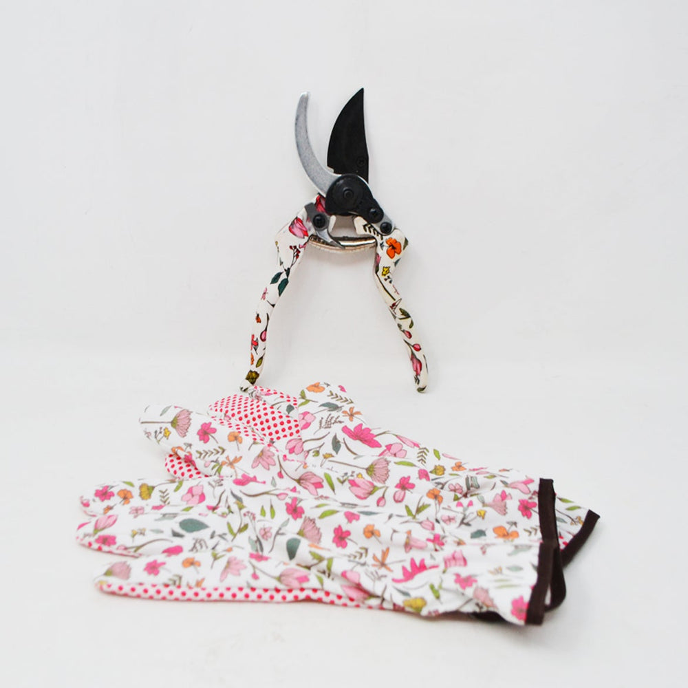 Pink Floral Pruner + Gloves Set