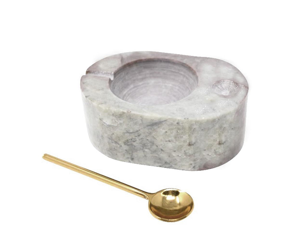 Beige Marble Salt Cellar with Brass Spoon